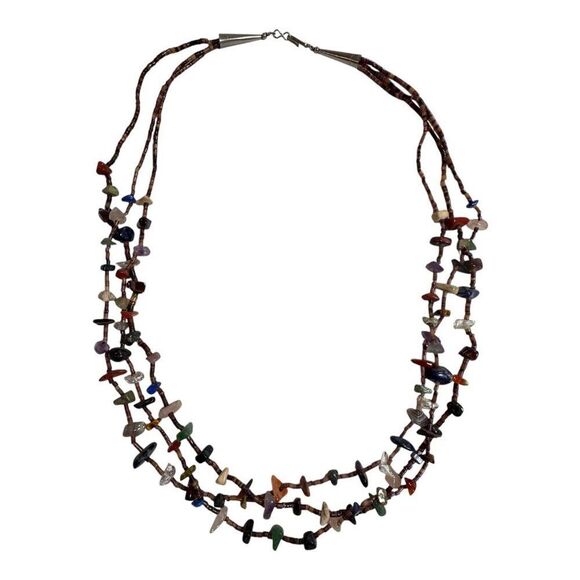 Navajo Heishi Bead Multi Gemstone Beaded Necklace Signed Triple Strand Vtg 27" - Picture 3 of 7